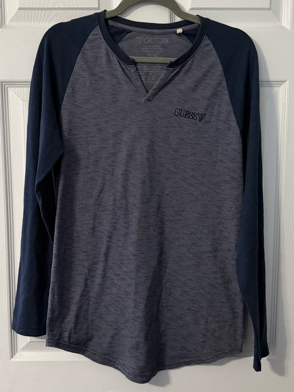 Guess Heather Blue and Navy Raglan long sleeve t shirt. Mens M